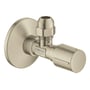 Grohe stopventil i børstet nikkel med 1/2" vægtilslutning og 3/8" udløb, vist med roset på en hvid baggrund.