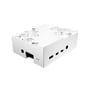 Akasa Gem Pro-aluminiumskabinet til Raspberry Pi 4 Model B set fra enden med en stor udskæring og flere stikåbninger.