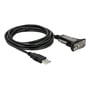 Sort DeLock USB Type-A til seriel RS-232 adapter med et 3 meter langt, snoet kabel og et DB9 hanstik på hvid baggrund.
