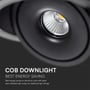Detaljeret billede af COB LED-chippen i V-TAC downlighten med teksten 'COB DOWNLIGHT BEST ENERGY SAVING'.