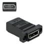 Sort DeLock Easy 45 DisplayPort-adapter set skråt fra siden med hunstikket vendt frem og monteringshullet synligt.