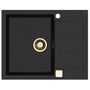 Lavabo Saturn 620 sort komposit køkkenvask med bakke, synlige messingdetaljer som bundventil og messingdrejeknap, 620x500mm.