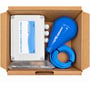 Watertec 4G PRO brøndalarm på batteri pakket i en åben papkasse med styreboks og blå niveauvippe med kabel.