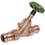 Kemper ECO 15 mm fristrømsventil i rødgods med grønt drejehåndtag og V-press tilslutning på hvid baggrund.