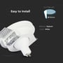 Nærbillede af V-TAC GU10 lampe i hvid gips, der viser 'Easy to Install' funktion, skærestørrelse på 103mm og materiale samt farve.