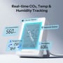 Sonoff AirGuard CO2-måler med grafik, der fremhæver displayets visning af CO2, temperatur, fugt og netværksstatus.