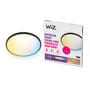 WiZ SuperSlim plafond, Ø43 cm, Tunable White, sort, der lyser med varierende farver på en hvid baggrund sammen med dens emballage.