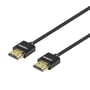 Deltaco ultratyndt sort HDMI-kabel på 2 meter med guldfarvede stik og mærkning for høj hastighed.