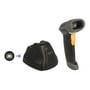 DeLock 2.4 GHz barcodescanner ved siden af ladestation, med et symbol der viser USB-tilslutning til ladestationen.