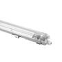Neutral Limea T8 LED-armatur med klart, ribbet dæksel og kabelindføring, set skråt fra den ene ende.
