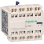 Hjælpeblok LA1KN223 fra Schneider Electric viser tæt på mærkatet med produktinformation og terminalerne for 2 slutte og 2 bryde kontakter.