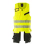 Bagfra af Mascot Hi-Vis værktøjsvest i gul og sort, viser det vandafvisende strækstof og ventilation i ryggen.