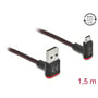 Nærbillede af DeLock Easy-USB 2.0 kabel, der viser både USB Type-A og Micro-B stik med vinkler og 1,5m længde indikeret.