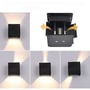 Kollage der viser LEDlife Cubic væglampens design, monteringsdetaljer, justerbare lysspredninger og anvendelse i forskellige rum.