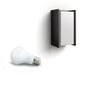 Philips Hue Turaco udendørs væglampe i antracit vises ved siden af en løs Philips Hue-pære med E27-fatning.