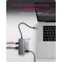 Grafik viser ICY Box 6-i-1-dockingstation tilsluttet en bærbar computer samt HDMI- og USB-A-forbindelser.