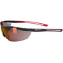 Hellberg Safety Argon sikkerhedsbrille med sort stel og rødt spejlglas, visende justerbarhed.
