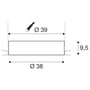 Målskitse af SLV MEDO 40 EL loftlampe, der viser diametre på 39 mm og 38 mm samt en dybde på 9,5 mm.