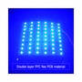 250x250mm foldbar LED ark oplyst i blåt, med tekst der angiver 'Double layer FPC flex PCB material'.
