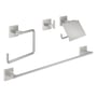 Grohe Start Cube 4-delt badeværelsessæt i Supersteel finish, inkluderer håndklædekrog, toiletpapirholder, håndklædering og håndklædestang.