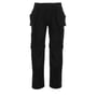 Detaljeret frontvisning af Mascot Springfield sorte bukser, med synlige trenålssømme og praktiske værktøjslommer.