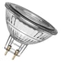 Osram Ledvance LED MR16 RA90 350lm 3,4W/930 GU5.3 pære med klar glas og to guldfarvede stifter på hvid baggrund.