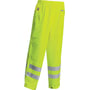 Detalje af Lyngsøe Rainwear FR-LR52 flammehæmmende Hi-vis regnbuks, viser flammehæmmende og Microflex mærker samt justeringsknapper.