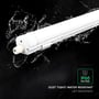 Vand sprøjter omkring V-TAC LED-armaturet, mens grafik angiver IP65-beskyttelse mod støv og vand.