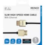 Emballagen viser Deltaco ultratyndt HDMI-kabel på 2 meter med stik, 4K-oplysninger og produktnavn.