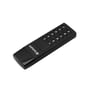 Verbatim Keypad Secure USB-drev ses skråt ovenfra, så det sorte numeriske tastatur og USB-C-enden er synlige.