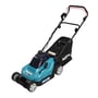 Makita batteridreven plæneklipper med 38 cm klippebredde og 40 liters opsamler, vist fra siden i et studiobillede.