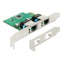 Delock PCIe-netværkskort i sølv og grønt set skråt forfra med to Gigabit LAN-porte og beslag.
