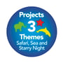 Cirkelgraf med teksten 'Projects 3 Themes Safari, Sea and Starry Night' for Vicks SweetDreams luftfugteren.