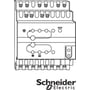 Enkel illustration af Schneider Electric KNX fancoil aktuator, der fremhæver knapper og symboler på DIN-skinne enheden.