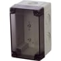 Fibox MNX elektrisk kapsling med lukket transparent dæksel, lys grå polycarbonat, dimensioner 130x80x75mm, vist fra siden.