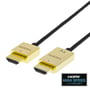 Deltaco HDMI-kablets to guldfarvede stik ses skråt forfra med HDMI-kontakterne og deres åbninger tydeligt synlige.