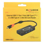 Gul DeLOCK-emballage med USB-C-hubben, tre USB-A-porte og SD- og microSD-kortlæser.