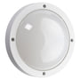 Primo mat-hvid udendørs LED vægarmatur fra SG Armaturen, med 11,5W og 3000K, visende den runde form med halvskærm.