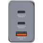 Verbatim GNC-65 GaN-opladerens grå front har to USB-C-porte og en orange USB-A-port.