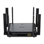 Reyee Gigabit Mesh WiFi6 router i sort, set fra siden med fire antenner og detaljer af porte på bagsiden.