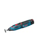 Bosch GRO 12V-35 Professional akku-rotationsværktøj i blå og sort med et lille skæreskive monteret, placeret på en hvid baggrund.