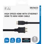 Emballage til Deltaco HDMI-kabel, mini HDMI til HDMI, med ikoner for 2 meter, 4K ved 60 Hz og 18 Gbps.