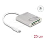 DeLock USB-C-kortlæser til CF-, SD- og microSD-kort set skråt forfra med kortpladser, kabel og USB-C-stik.