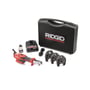 Ridgid RP115 pressmaskine med tilbehør: batteri, lader, transportkasse og tre U16-20-25 kæber, arrangeret på en hvid baggrund.