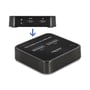 Delock M.2 docking station med frontpanel, der viser DC IN og PC USB-C porte, forbundet med pil til stationen.