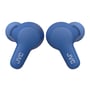Et par JVC Gumy True Wireless in-ear høretelefoner i blå farve, set forfra med JVC logo på hver øretelefon.