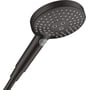 Hansgrohe Raindance Select S 120 EcoSmart håndbruser i mat sort, med fokus på Select-knappen og den runde brusehovedform.