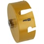 PRO-FIT HM hulsav med en diameter på 158 mm i gul metal med PRO-FIT logo og en gevindtilslutning i midten.