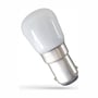 SpectrumLED T26 LED-pære set skråt med de to BA15D-fatningsstifter synlige; pæren bruger 1,5 W og er ikke dæmpbar.