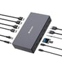 Overbliksbillede af Verbatim USB-C Pro Docking Station CDS-17 omgivet af forskellige tilslutningskabler og kort.